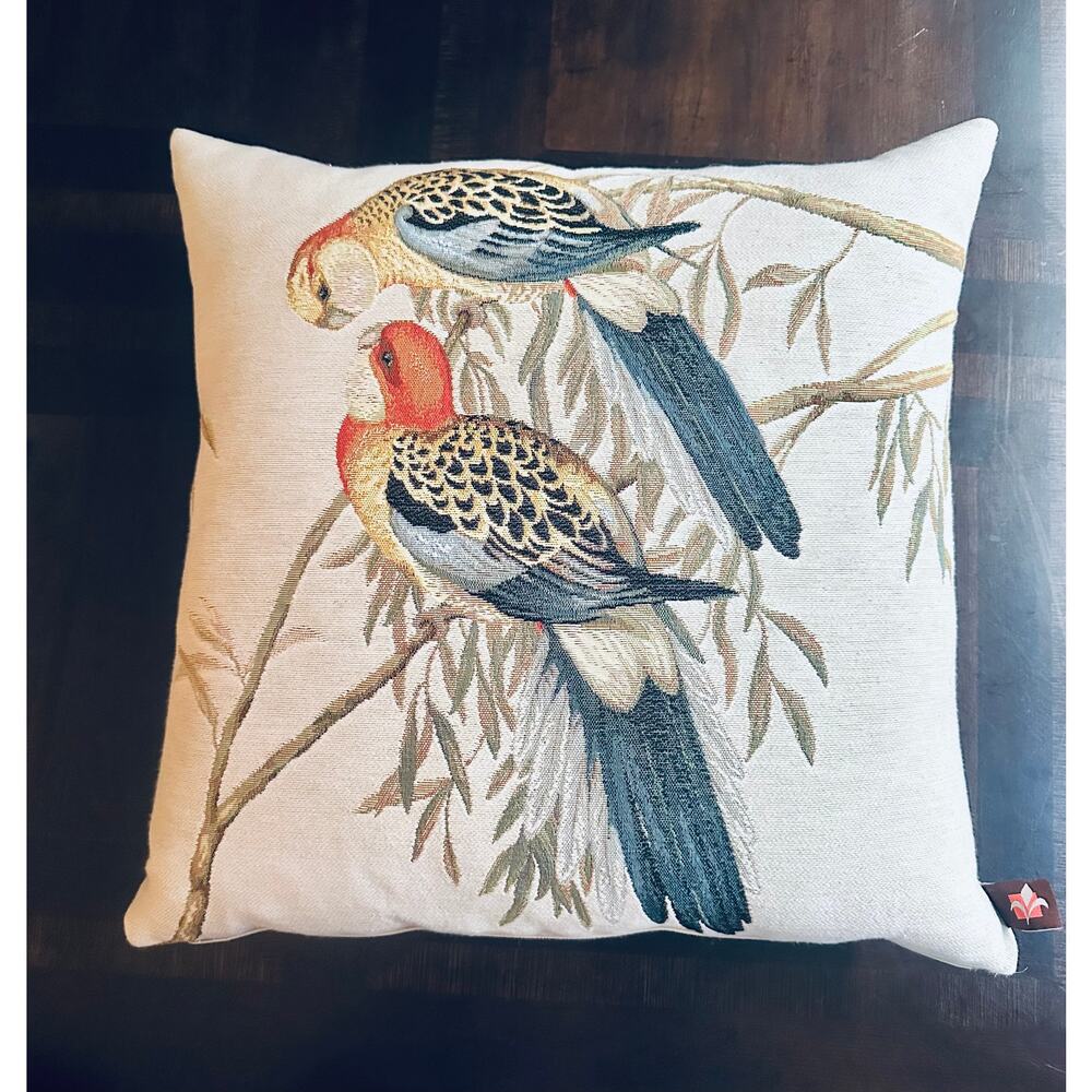 Art de Lys French Jacquard Tapestry Pillow w/ Parrots 19” sq w/ Feather Insert